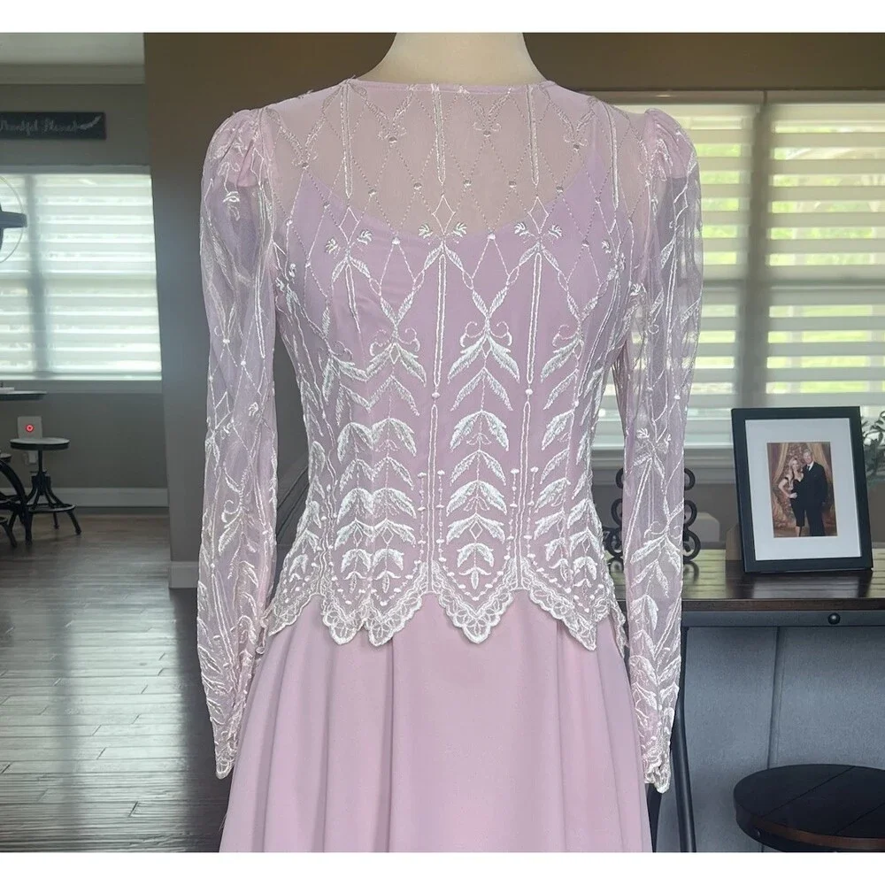 Vintage Cachet Bari Protas Pink Rose Dress 7/8 Sheer Embroidered Formal Gown - Picture 14 of 15